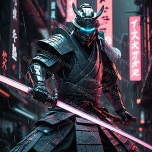 Cybernetic Samurai in Neon Rain